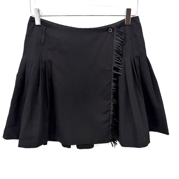 VTG Agnes B Pleated Mini Skirt Size 38 US 6 Wool Blend Fringe Black Academia - Picture 1 of 14